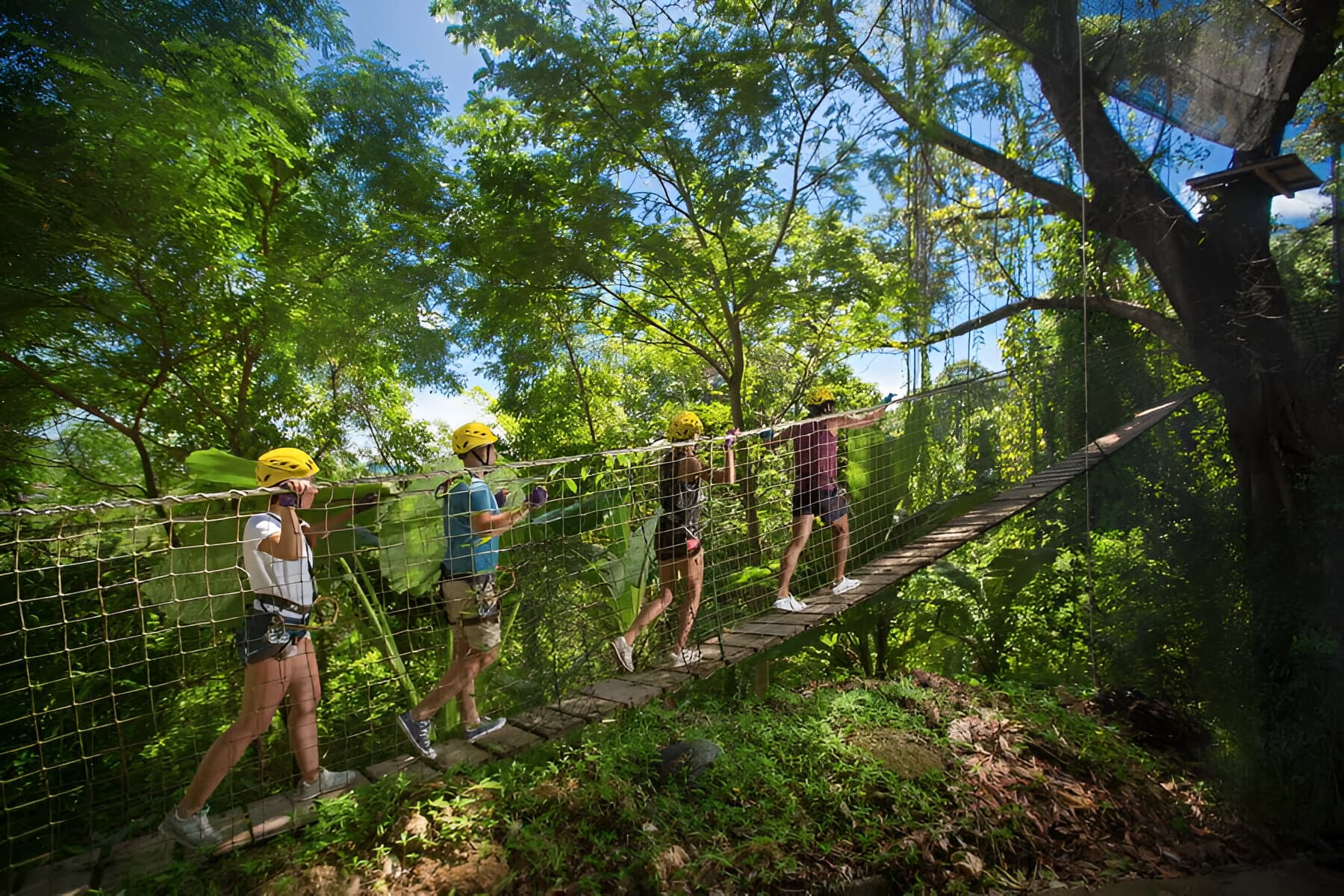 People walking on a wooden bridge