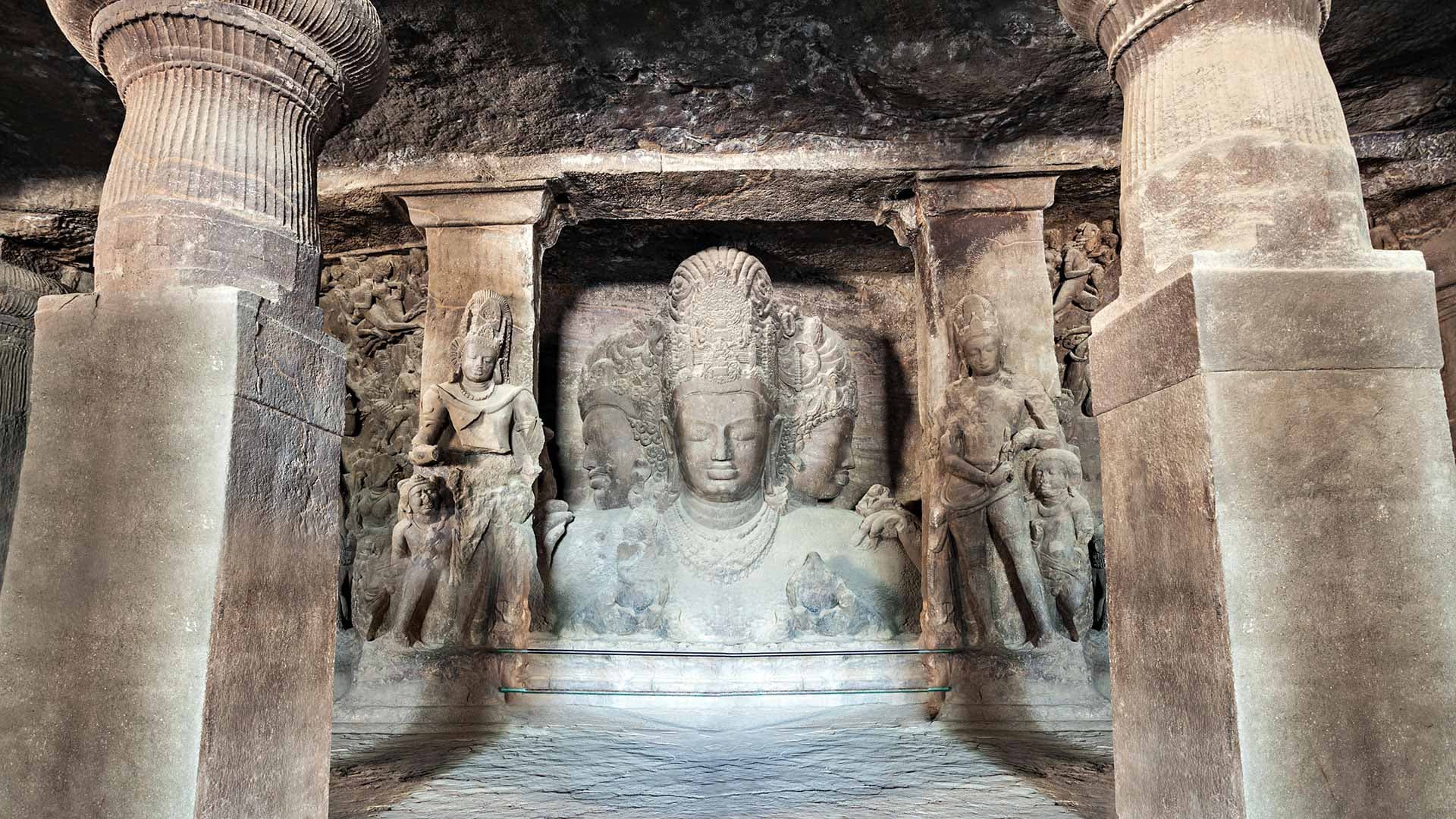 Distant view of Vishnu statute in Elephanta Caves