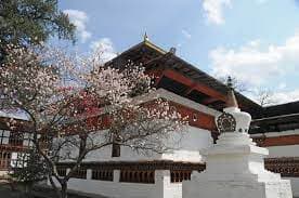 Kyichu Lakhang with a cherry blossom