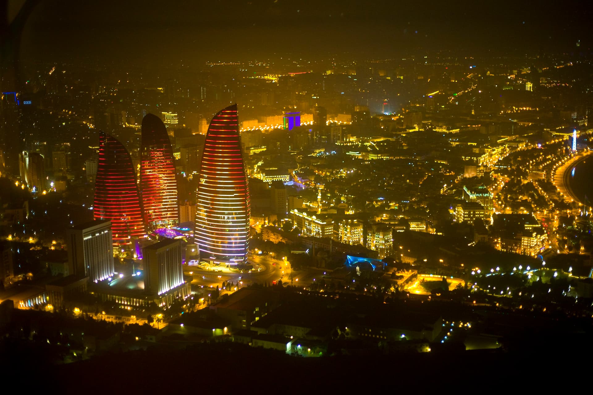 Flame Towers at night