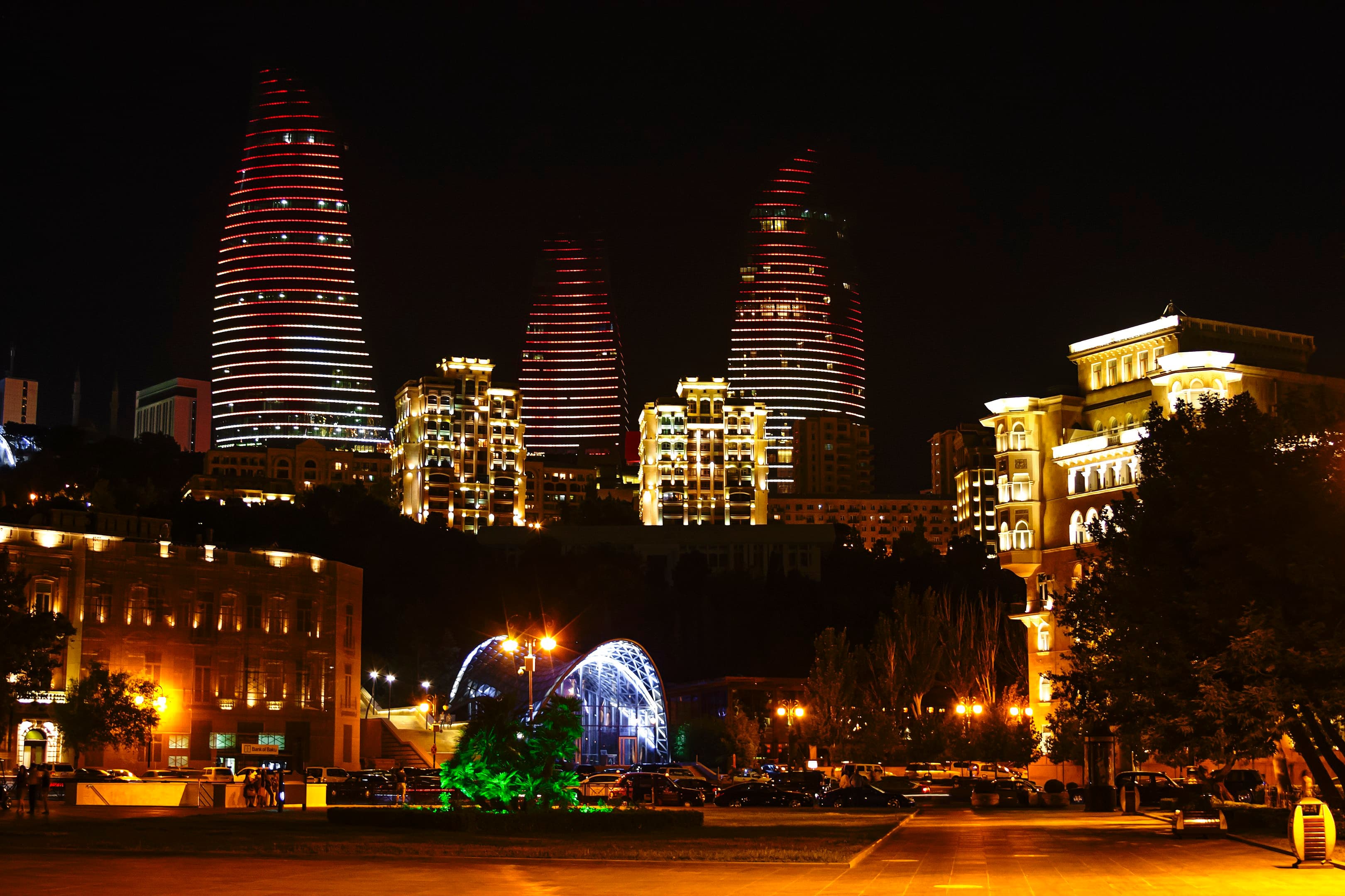 Flame Towers at night