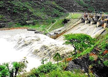 Close-up of the Pandoh Dam's concrete structure and spillway