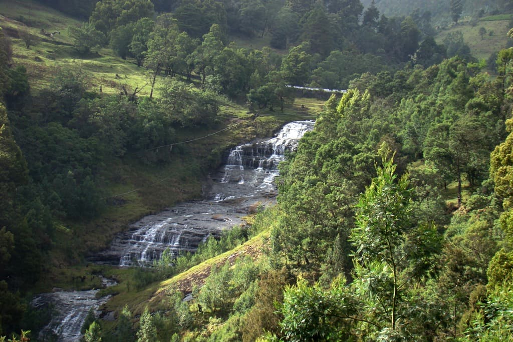 Aerial view of Siruvani Waterfalls