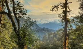 Dayara Bugyal Trek with distant snow peaks in view