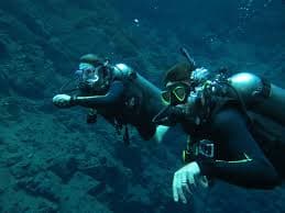 Instructor guiding a scuba dive at Grand Island Goa