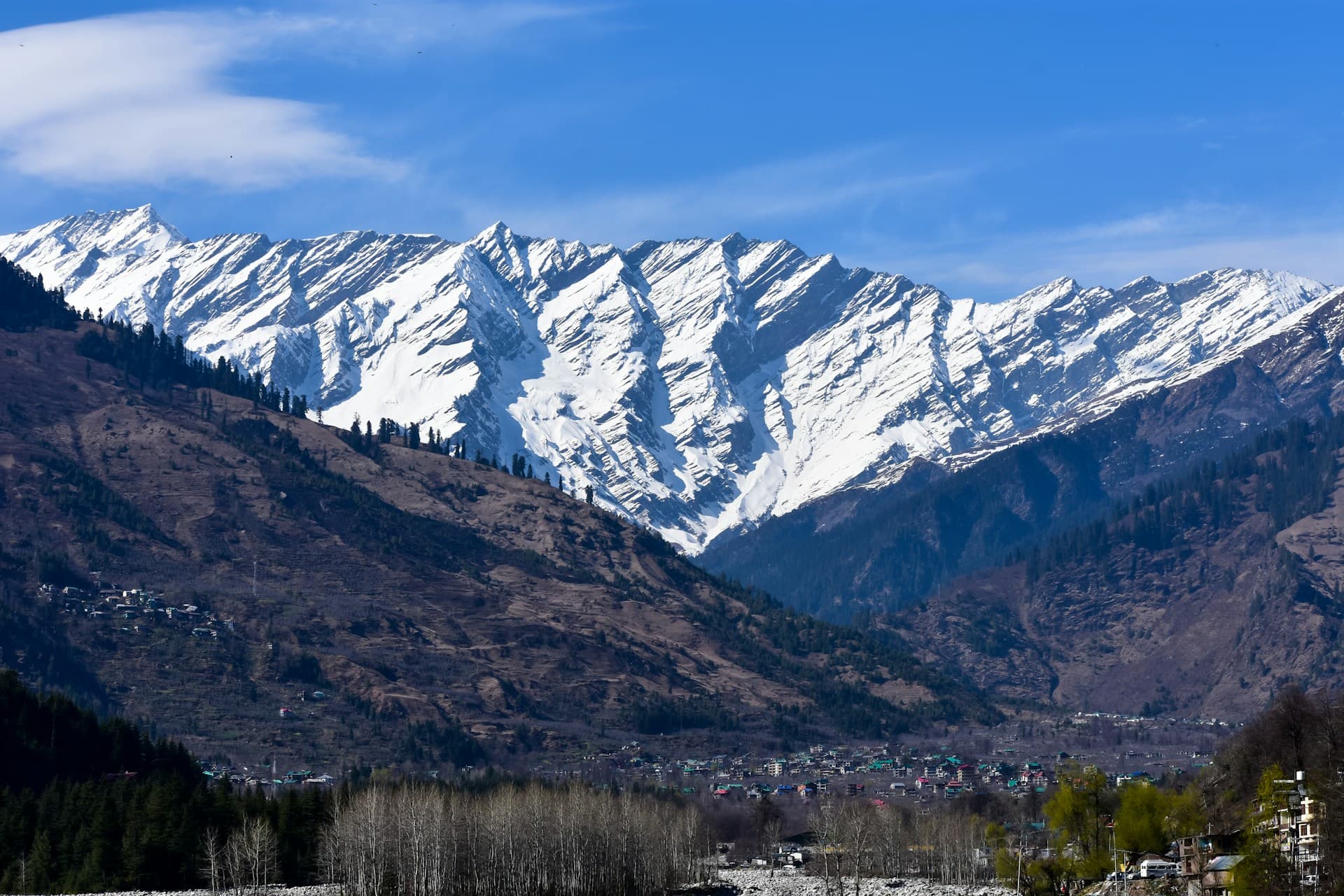 Aerial view of Solang Valley with green and snow patches