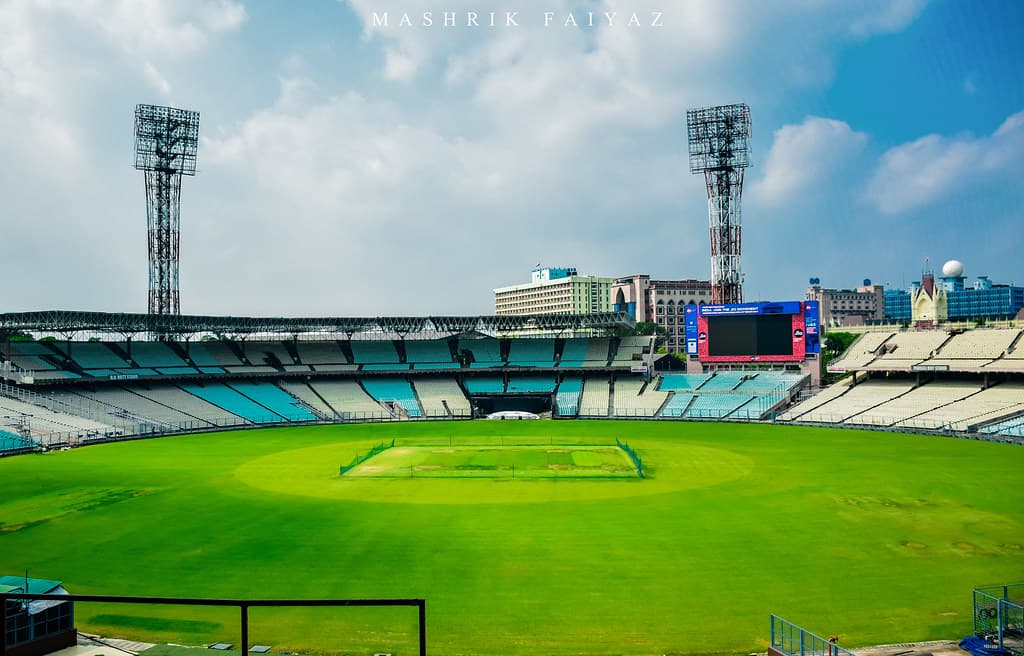 Close-up of Eden Gardens’ cricket pitch