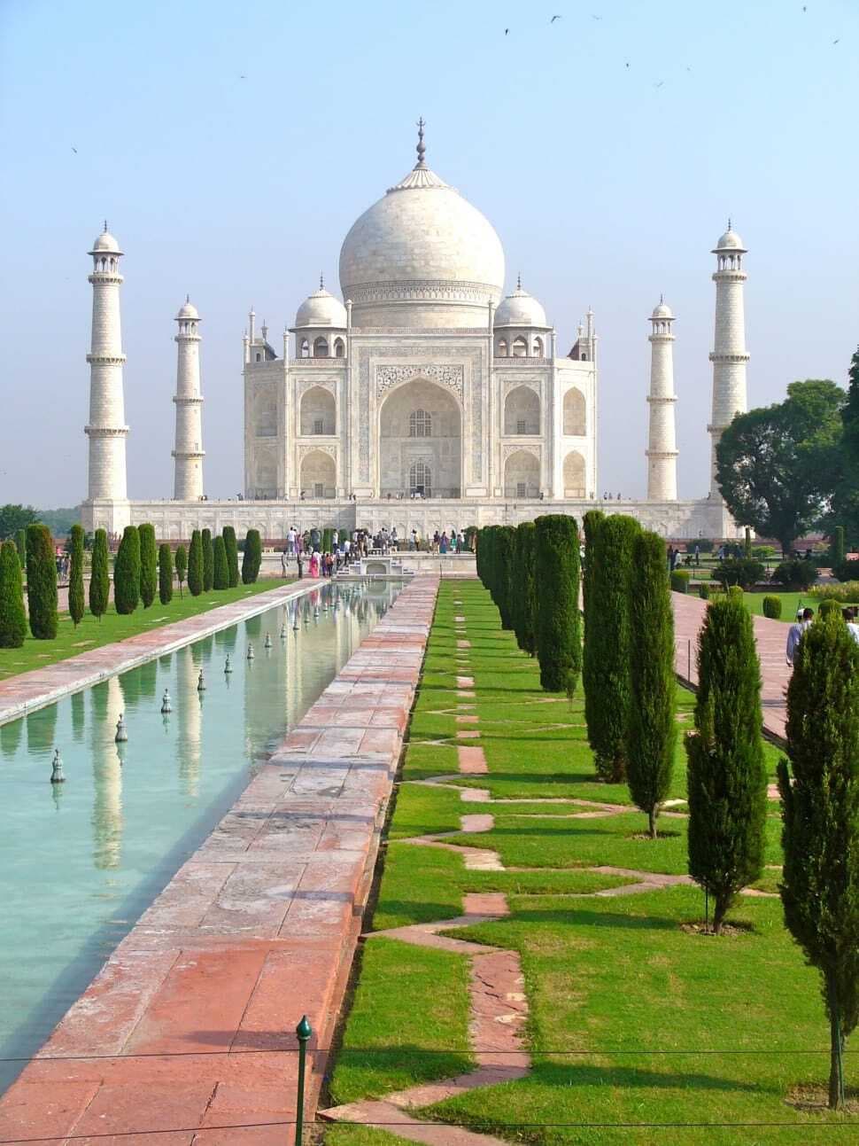 Wide-angle view of the Taj Mahal’s gardens and pathway