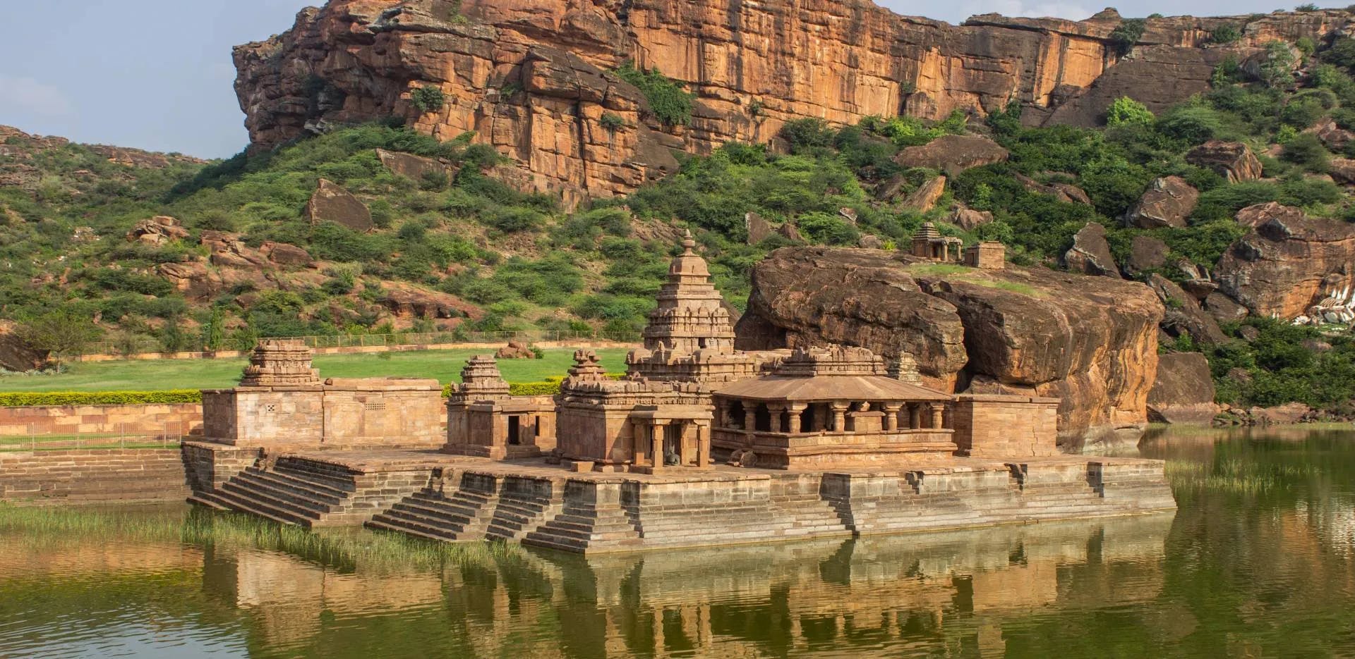 Cultural Marvel: Badami's Historic Temple Amidst Surrounding Waters